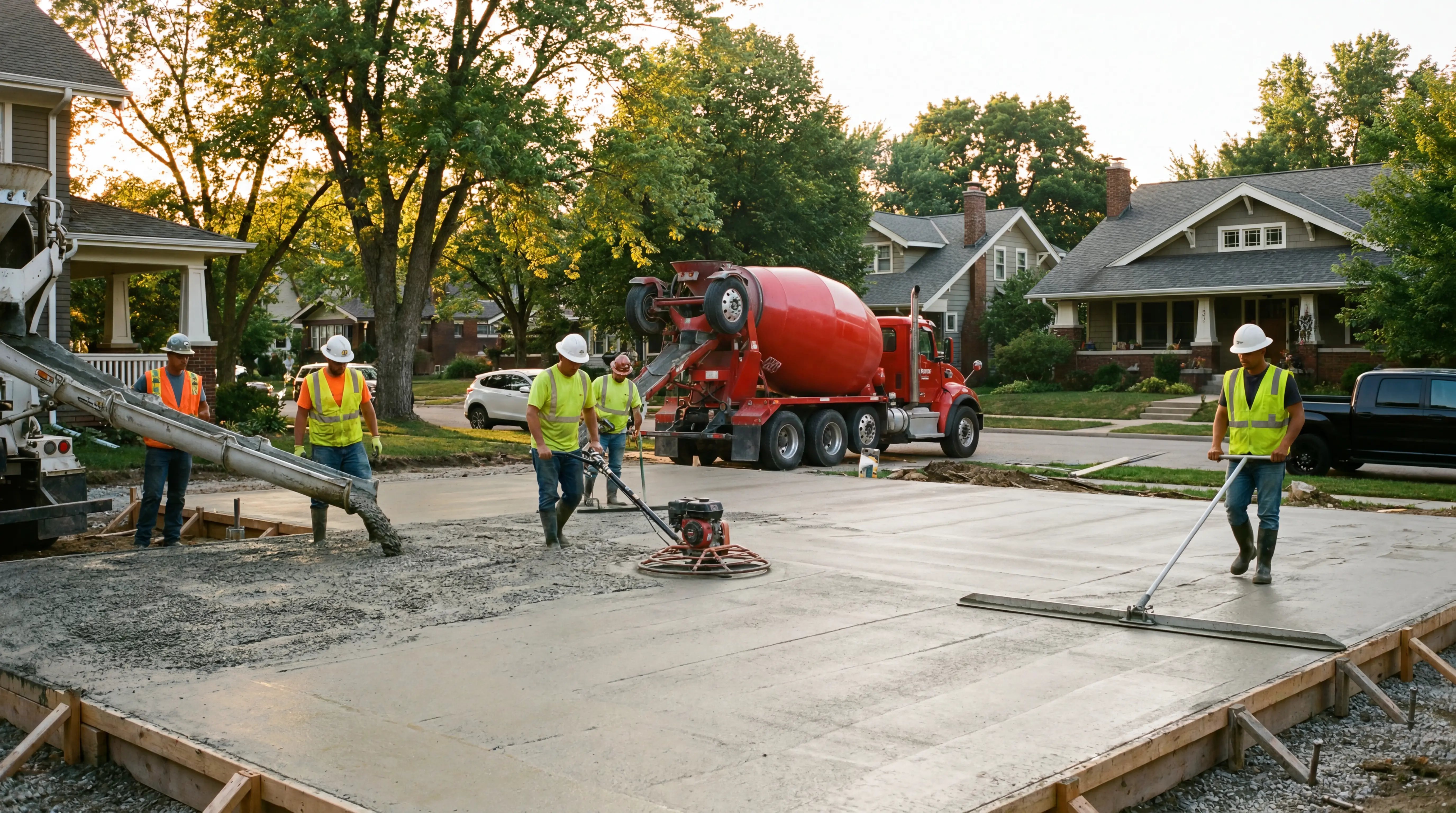 Concrete Contractors Kenosha crew finishing a freshly poured concrete slab
