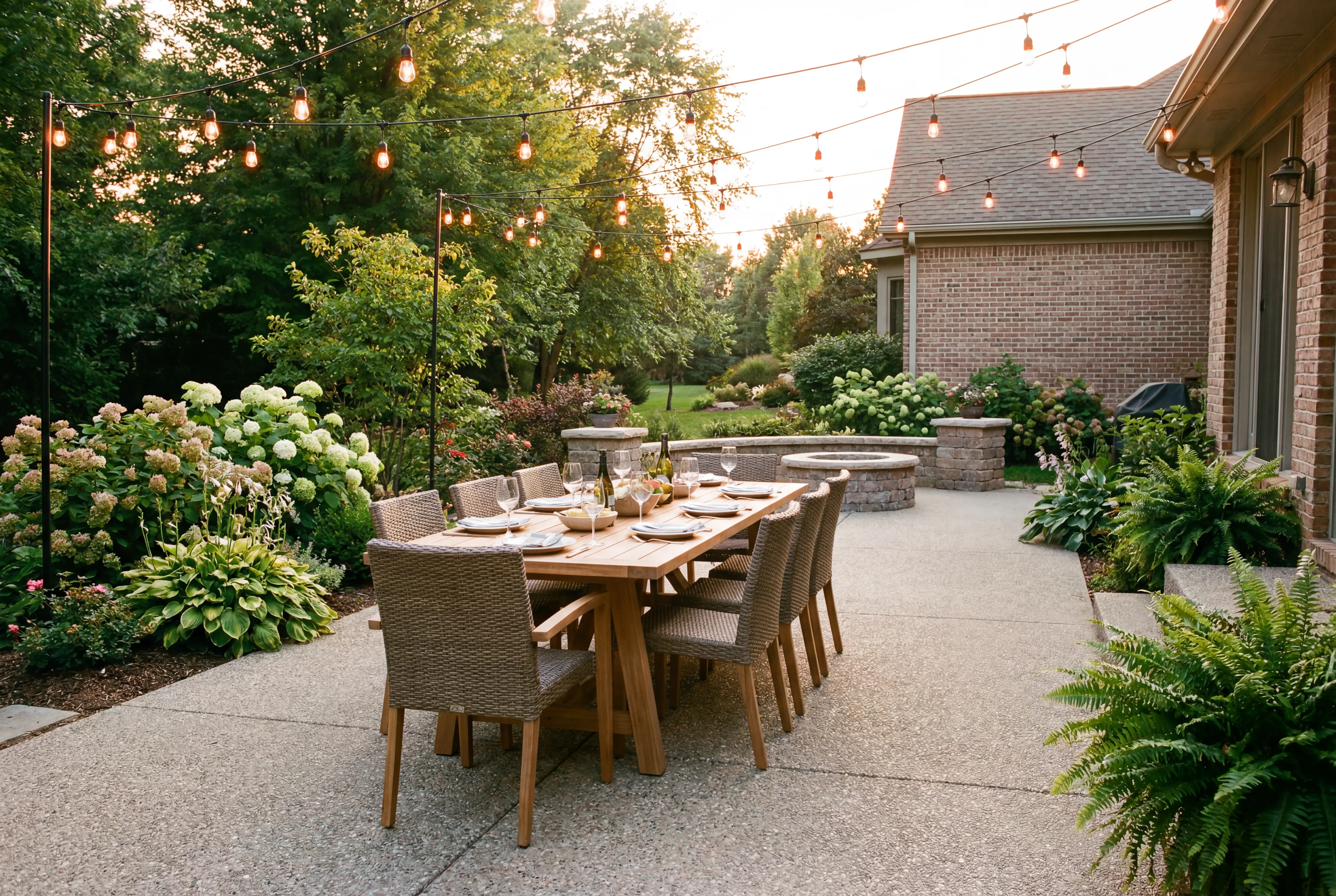 Exposed aggregate concrete patio with outdoor dining furniture, Kenosha backyard