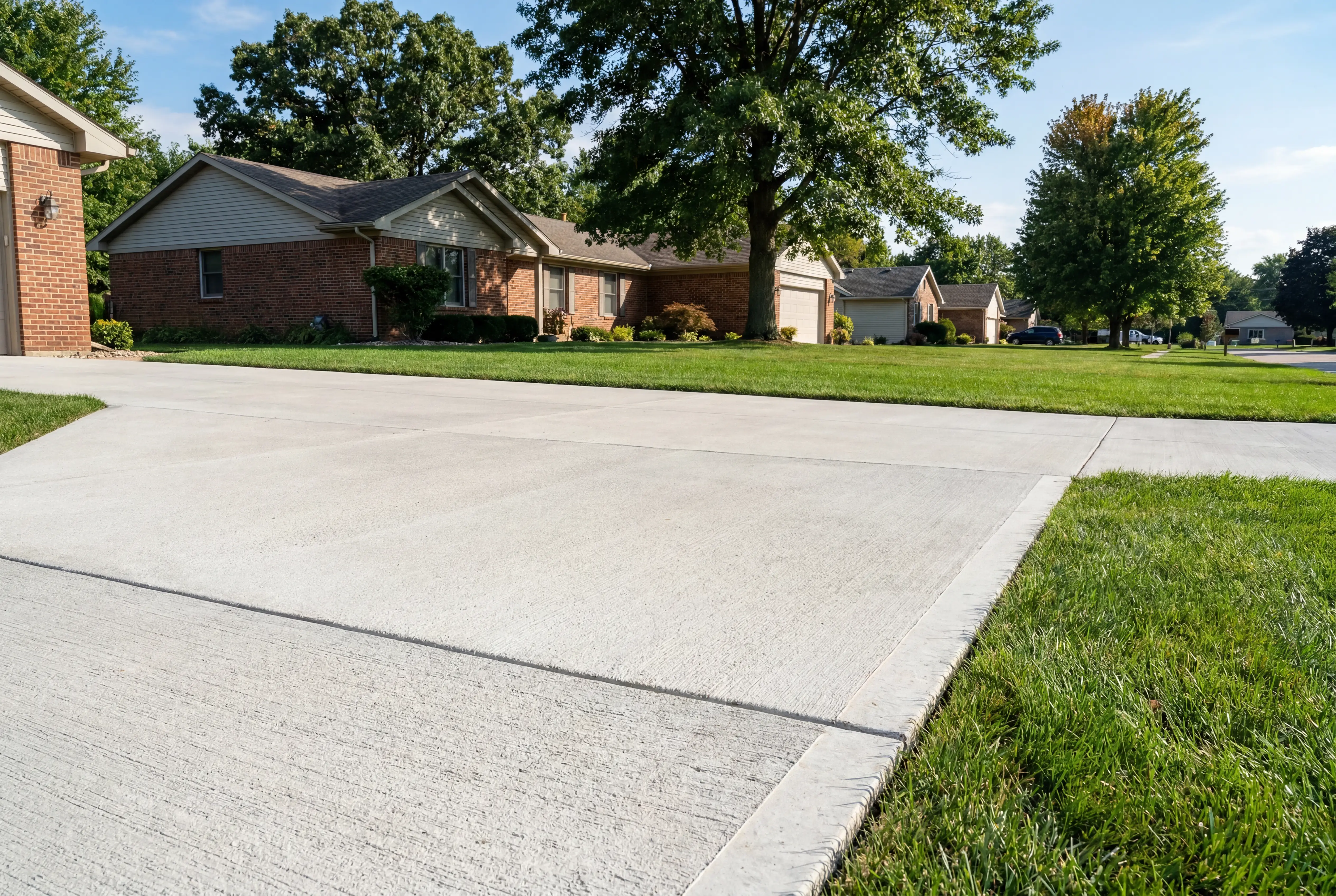 New broom-finish concrete driveway, residential Kenosha neighborhood