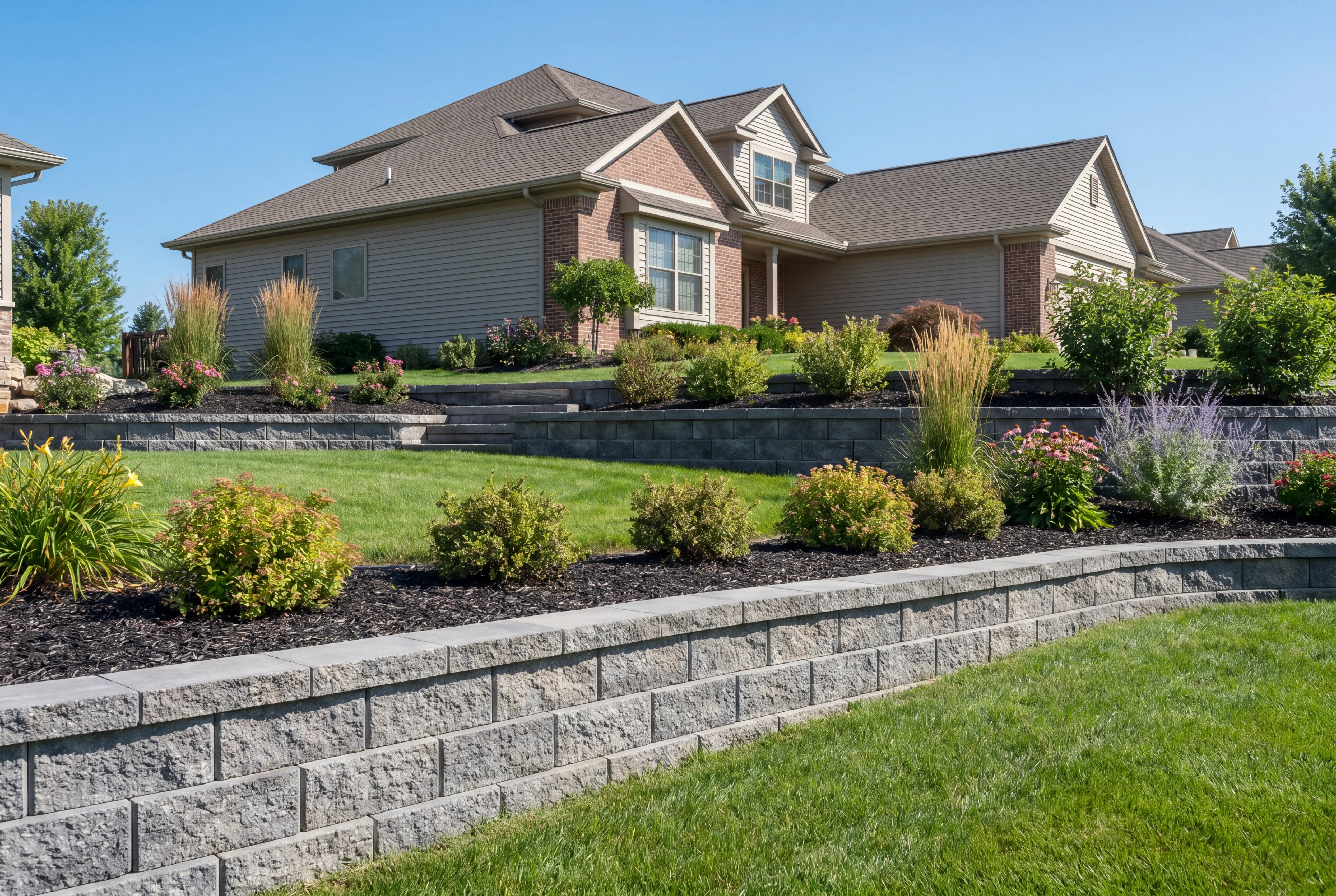 Segmental block retaining wall with landscaping, Kenosha residential lot